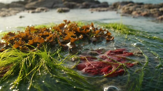 Seaweed ocean nature shore sea water algae rock tide pool unseen coastal ecosystem scene with bright seaweed and algae along shore coastal seaweed nature unseen tide pool algae texture coastal reef