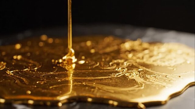 Golden liquid pouring on surface.