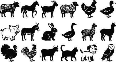 Fototapeta premium Farm animal silhouettes collection featuring decorative and plain designs of domestic species for creative illustration and design use