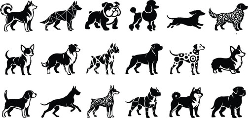 Collection of dog breed silhouettes featuring geometric and patterned artistic designs for pet branding and graphic design projects © MdMorsalin