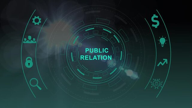 PR Public relations concept. Communication advertising marketing strategy.Circular hud interface,abstract blue technology network background.