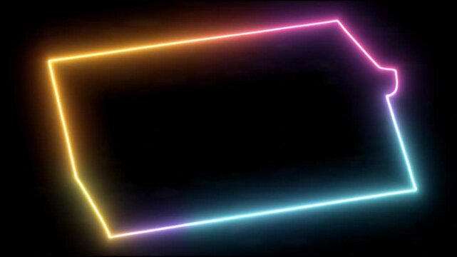 Abstract sciense fiction neon outline glowing with vibrant purple, blue, and orange light on a dark background
