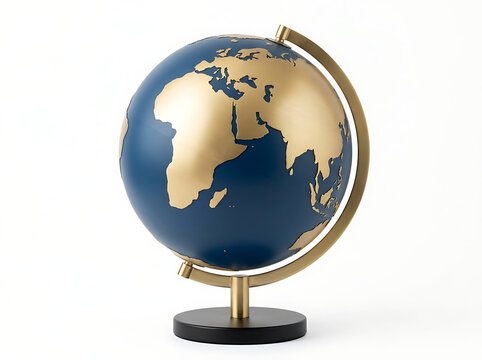 Isolated dark blue and gold desk globe on a stand, a symbol of global reach and knowledge