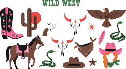 Fototapeta premium Wild West Cowboy Vector Graphic Element Set with Horse Cactus Pink Boots Skull Eagle and Snake Symbols for Rodeo Theme Designs