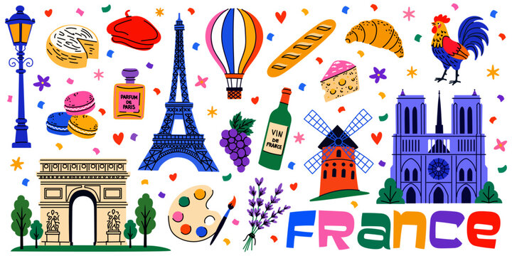Flat vector collection of France travel and cultural symbols. French landmarks, food, including Eiffel Tower, Arc de Triomphe, croissant, wine, cheese and lavender isolated on light background.