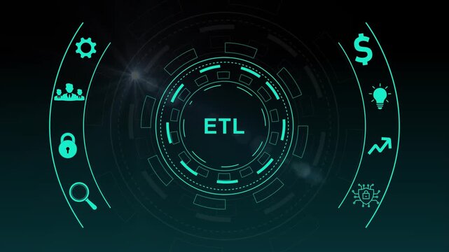 ETL concept infographic with icons and with gears on dark blue background extract transform load data integration.