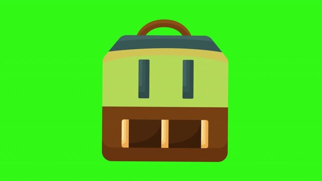 Yellow brown square student school rucksack bag handle green background icon illustration. Suitable for backpack product designs.