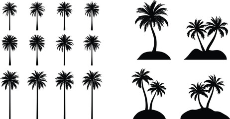 Naklejka premium Palm Tree Silhouette Vector Icon Set with Tropical Coconut Trees and Desert Island Elements for Summer Beach Vacation and Nature Graphic Designs