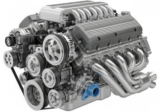 A powerful and complex v8 engine with intricate components and detailed design. isolated on white background