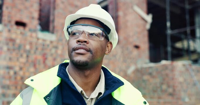 Construction, man and goggles with site inspection for compliance, progress and building approval. Architect, black person or property evaluation for structural integrity, quality control and safety