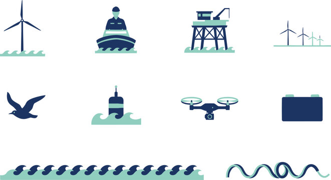 Offshore renewable energy icons set showing wind turbines marine vessel drilling rig seagull drone and wave patterns