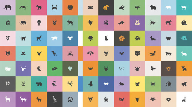 Grid of colorful square tiles featuring various black animal silhouettes including mammals birds and reptiles in a repeating pattern design