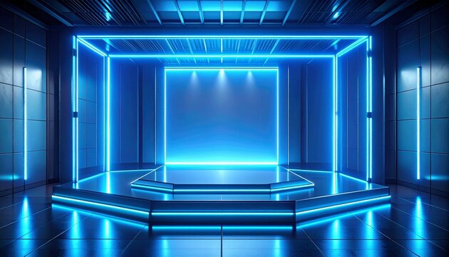 Futuristic holographic display stage illuminated by soft blue neon light with transparent glass frames, high tech 3D podium background for technology product presentation