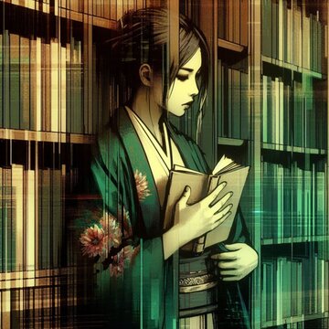 本棚に囲まれて読書をする着物女性のモダンアート