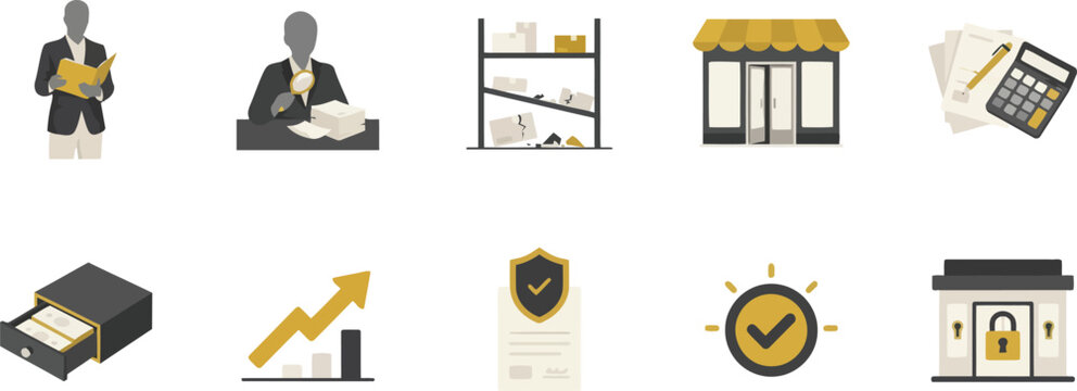 Set of business and finance-related icons including person reviewing documents, money, calculator, and growth chart