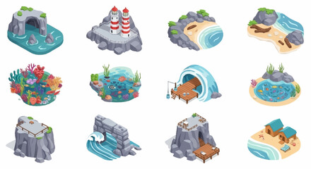 Collection of isometric island elements for game design and illustration. © Syakilla