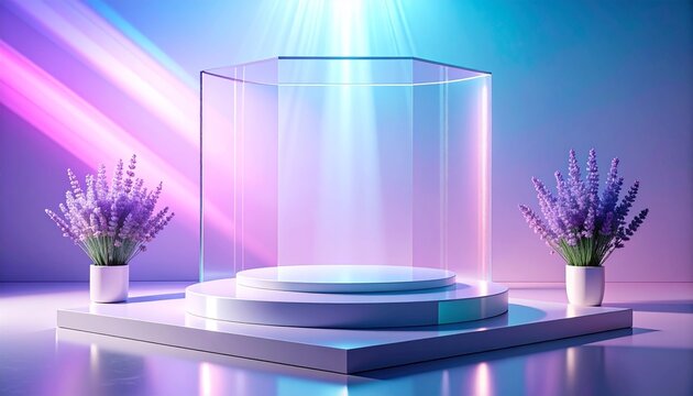 Ultra premium holographic product podium with pastel pink lavender and ice blue gradients, luxury 3D display stage background for high end cosmetics presentation