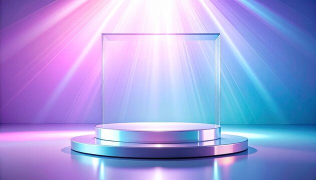 Ultra premium holographic product podium with pastel pink lavender and ice blue gradients, luxury 3D display stage background for high end cosmetics presentation