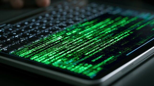 Close up view of a laptop keyboard displaying bright green scrolling computer code in dark room
