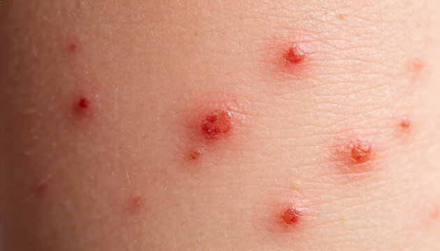 Close up of child skin with red rash symptoms caused by measles infection. Viral disease breakout on body. Medical examination of immune system health, contagious illness and vaccination.