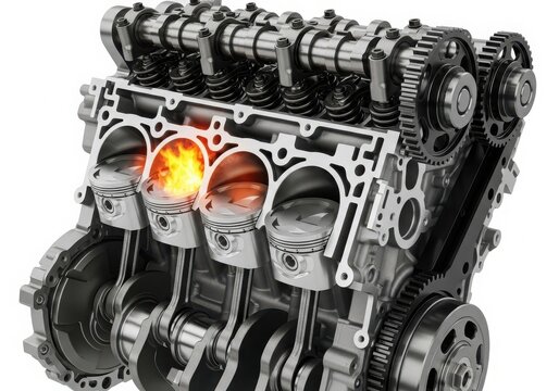 Close-up view of a powerful v8 engine with visible internal components isolated on white background