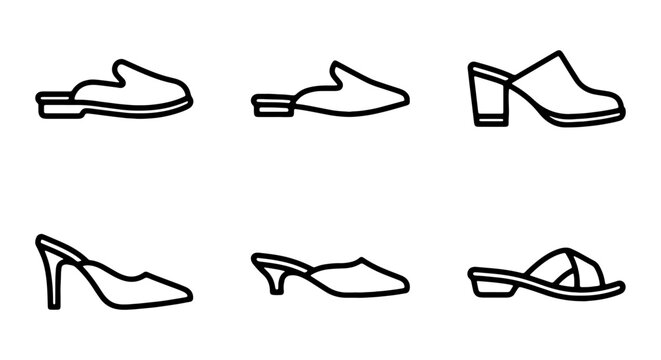 Fashion Footwear Icons, Vector Shoe Silhouettes Collection: Mules, Heels, Sandals, Slip-ons for Style Guides & E-commerce