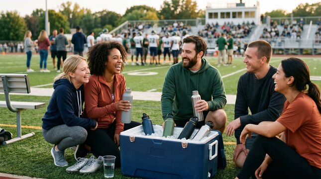 Friends Enjoying Drinks at Outdoor Football Game