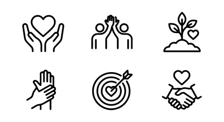 Fototapeta premium Set of 6 Vector Icons: Love, Teamwork, Growth, Support, Success, Partnership. Simple Line Art Graphics for Business and Lifestyle Concepts.