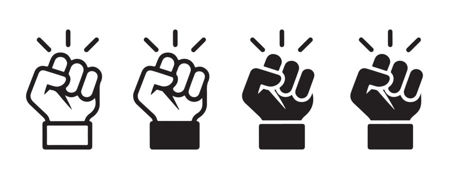 Set of four simple vector illustrations of a fist, showing strength, power, and determination concepts.