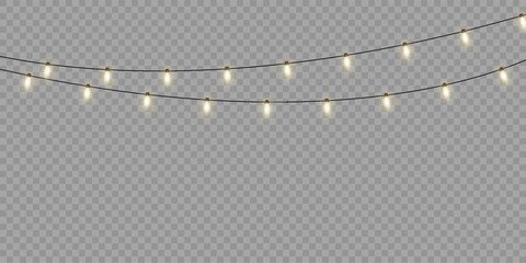 Christmas lights isolated realistic vector illustration. Golden garland string with bright glowing bulbs and magic sparkles on transparent background for winter season invitations. © Максим Славов