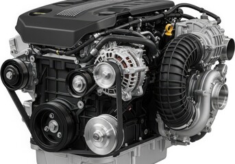 Fototapeta premium Detailed view of a modern car engine with various components visible isolated on white background