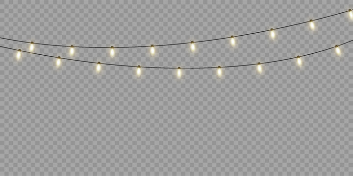 Christmas lights isolated realistic vector illustration. Golden garland string with bright glowing bulbs and magic sparkles on transparent background for winter season invitations.