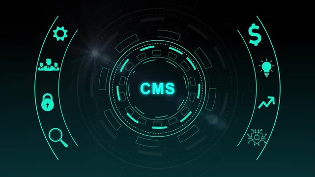 Digital CMS concept with interconnected icons and with gears background Keywords: CMS, content management system, digital, technology, business, strategy