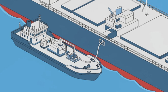 Illustration of a small barge transferring fuel to a large cargo ship at sea.