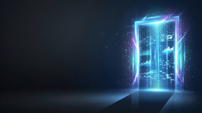 Digital Transformation Neon Door Opening to Data Tunnel Abstract