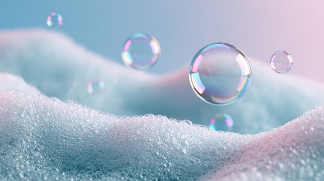 Soap Foam Bubbles Texture on Blue Backdrop Macro Hygiene and Beauty Concept, Blue Background with Soap Foam Bubbles for Skincare, Laundry and Wellness