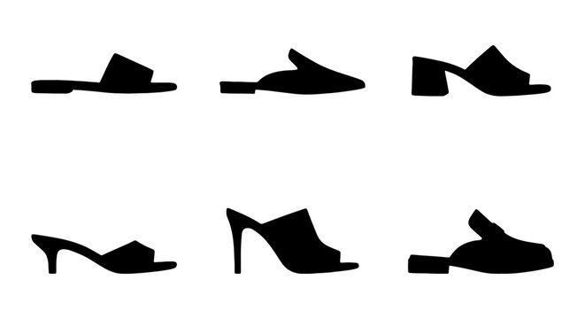 Six Silhouette Mules and Sandals, Vector Fashion Footwear Collection, Modern Shoe Icons