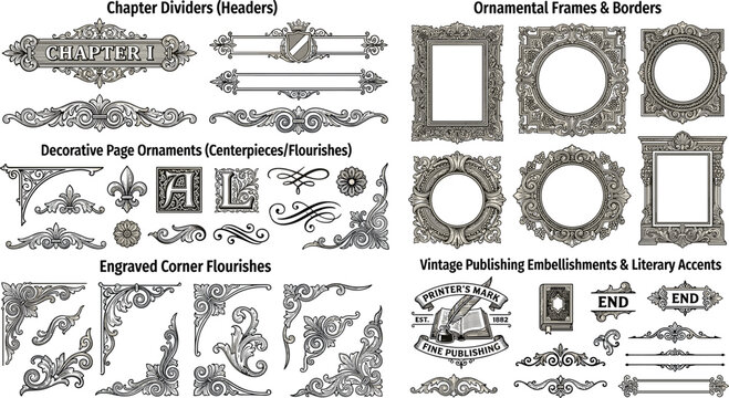 Vintage Book Publishing Embellishments Vector Set with Gothic Baroque Borders Chapter Dividers Engraved Corner Flourishes and Ornate Frames for Literary Designs