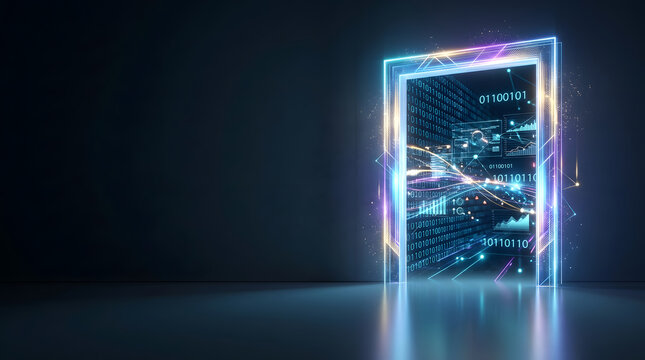 Digital Transformation Neon Door Opening to Data Tunnel Abstract