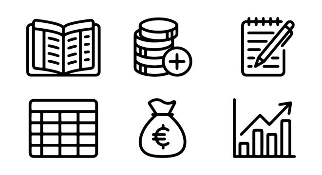 Finance Icons Set: Money Bag, Coins, Book, Calendar, Chart, Notes, Business Vector Graphics