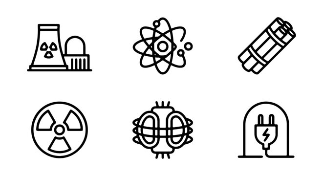 Nuclear Power Icons, Atomic Energy Symbols, Energy Production Vector Graphics, Science Technology Set