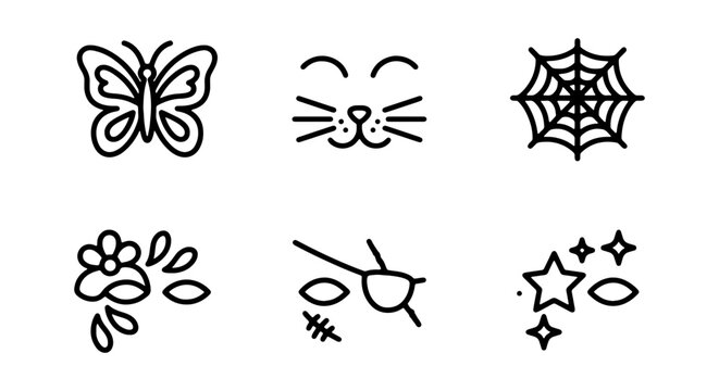 Cute Outline Icons: Butterfly, Cat Face, Spiderweb, Flowers, Pirate Eye Patch, Stars