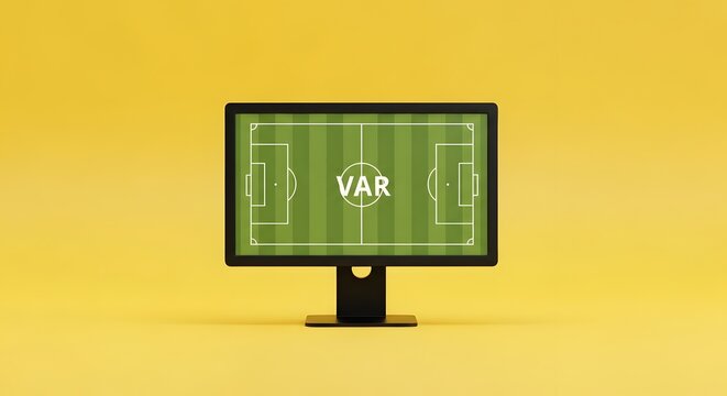 Computer monitor showing a tactical soccer field with VAR text