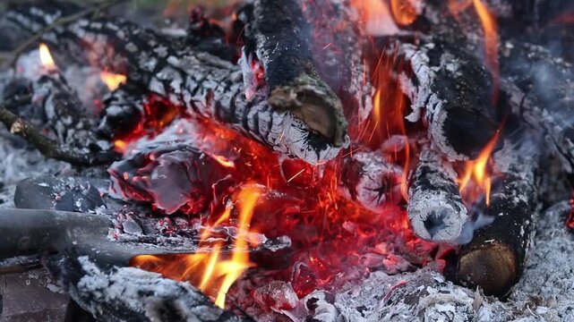 The process of raking coals in a bonfire with a metal shovel. Close-up of burning firewood, ash and sparks. A metal shovel rakes up bright red hot coals in an evening bonfire. Bright flame