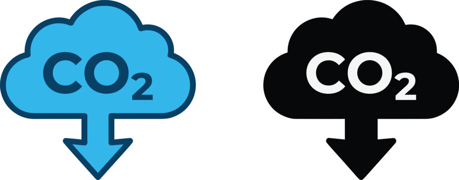 Set of CO2 carbon reduction icons featuring stylized blue and black clouds with downward arrows for climate change and emissions control concepts