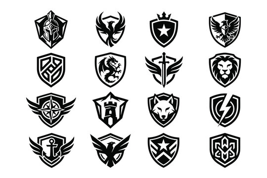 Set of various shield logos and crests with animal and object designs