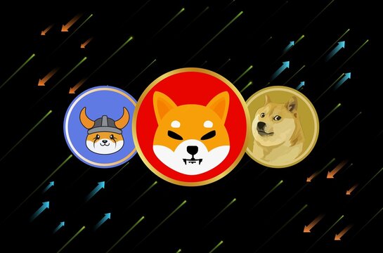 an image of the shiba inu, dogecoin and floki inu coin virtual currency on a digital background. 3d illustrations.