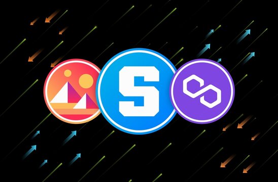 sandbox-sand, polygon-matic and decentraland-mana virtual currency logo. 3d ill&uuml;strasyon.