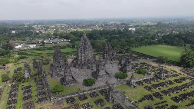 view prambanan tample with drone