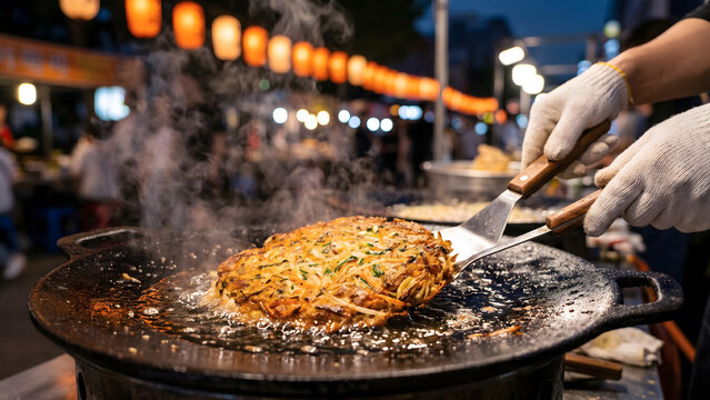 Traditional Korean bindaetteok mung bean pancake frying on an iron griddle at night market